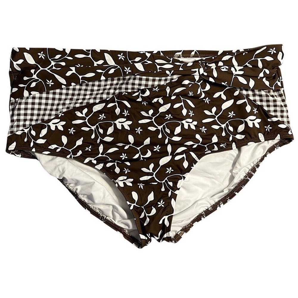 Lands' End High Waist Swim Bottoms 22W Brown‎ White Floral Gingham Ruched Plus